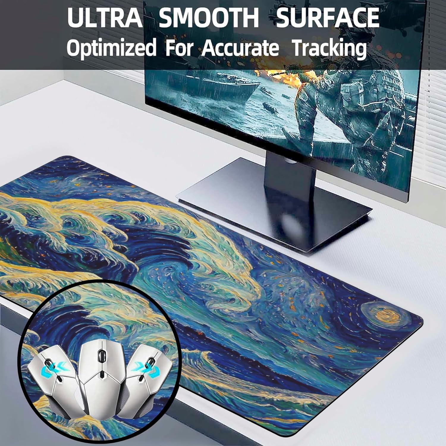 Desk Mat, Great Wave Off Kanagawa Extended Large Gaming Mouse Pad for Desk XXL, Non-Slip Rubber Base Stitched Edges Long Computer Keyboard Desk Pad Mouse Mat for Home Office Gaming 35.4"X15.7"