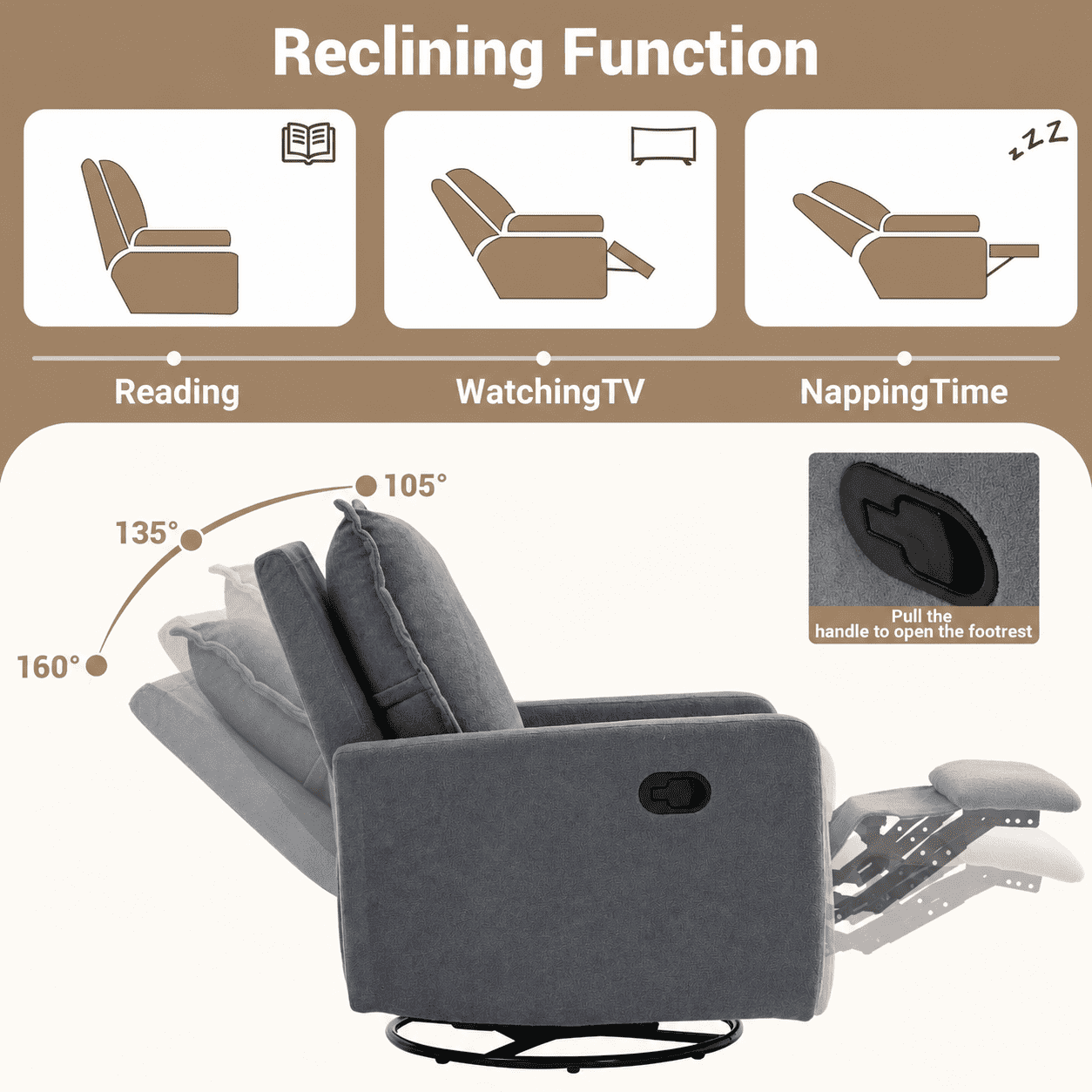 Paproos Swivel Rocker Recliner, Velvet 360°Swivel Rocking Recliner, Glider Rocking Chair for Nursery, Small Rocker Chair for Small Space, Manual Recliner for Adults for Home Theater, Gray