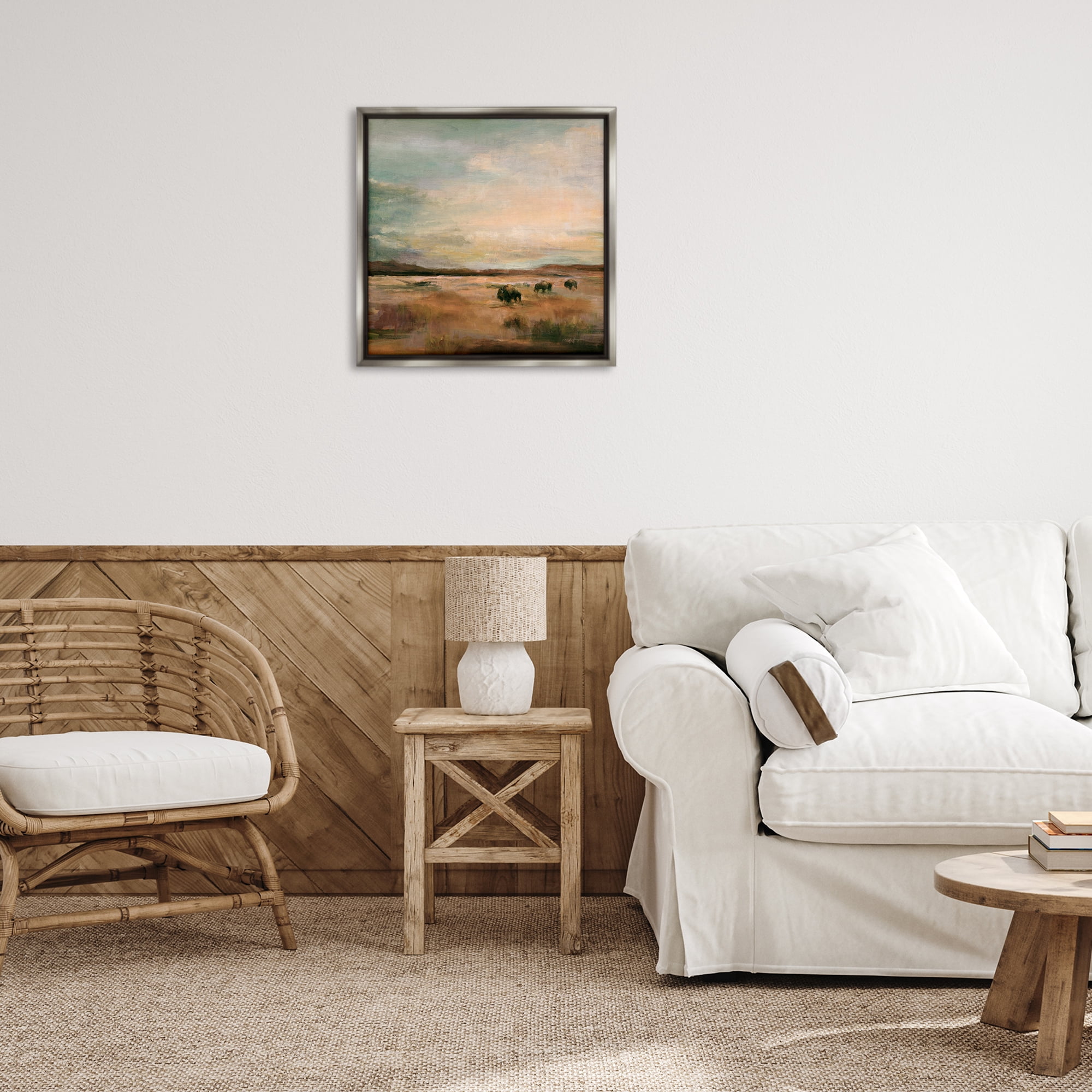 Stupell Industries Buffalo Under Big Sky Landscape & Nature Painting Gray Floater Framed Canvas Art Print Wall Art, 25 x 25