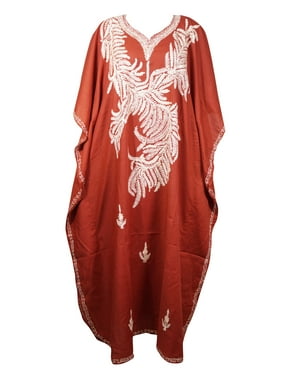 Mogul Women Red Maxi Kaftan Kimono Sleeves Resort Wear Embellished Floral Caftan Dresses One Size