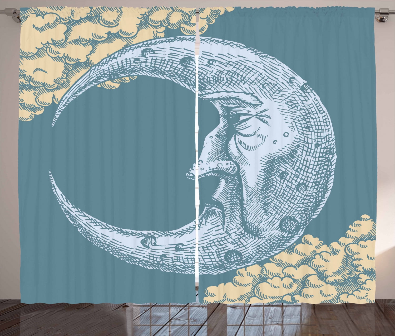 Moon Curtains 2 Panels Set, Vintage Crescent Moon with Grumpy Facial Expression Abstract Hand
