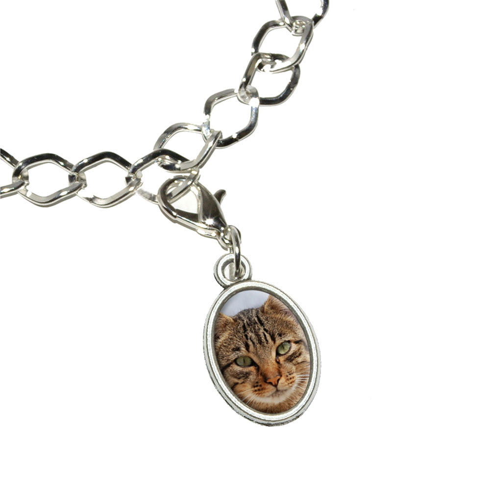 Italian European Style Bracelet Oval Charm Bead Brown Tabby Cat Face 