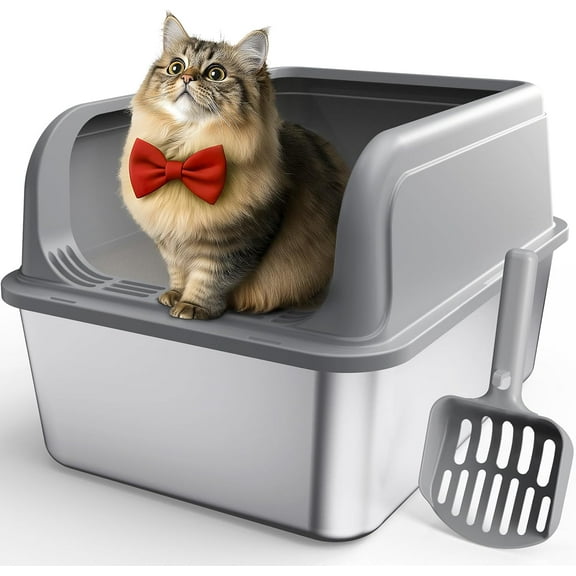 Stainless Steel Cat Litter Box, Metal Kitty Litter Box with Scoop, Anti-Leakage Top Entry, Non-Sticky, Easy to Clean, Grey, 13.5" × 17.3" × 11"