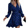 thumbnail image 2 of Dress Cheetah Ruffle Belted V Neck A Line Long Sleeve Elegant Casual Streetwear Dress Royal Blue L, 2 of 7