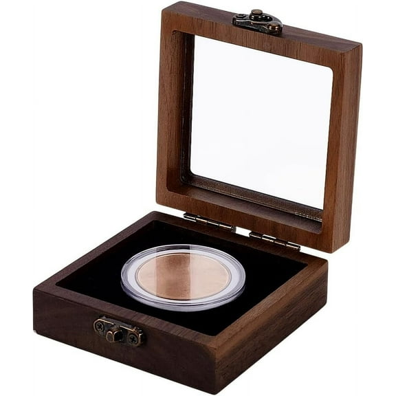 Coconut Brown Challenge Coin Presentation Display Box with Coin Capsules Box 3.5x3.5x1.4inch Walnut Wood Coin Presentation Display Box Holder with Clear Window Coin Wood Display Box for DIY