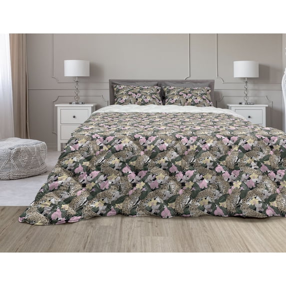 Savannah Comforter & Sham Bedding Set, Pattern of Exotic Flower Orchid and Jaguars Rainforest Jungle Wildlife Theme, 3 pcs Duvet Set Microfiber Filling Quilt, 5 Sizes, Multicolor, by Ambesonne