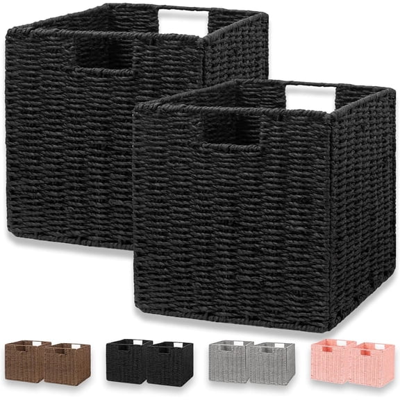 Wicker Storage Basket, Set of 2 Hand-Woven Wicker Basket, Foldable Cube Storage Bin, Black Storage Basket, Square Storage Baskets for Organizing Shelves & Decor