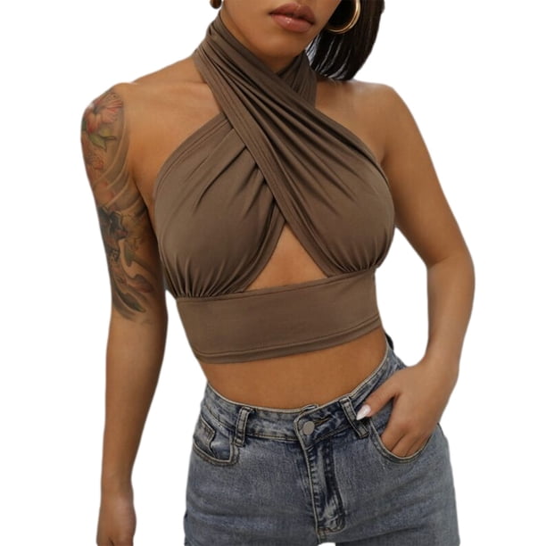 TxlixcChaleco de verano femenino, cuello de tirante cruzado de color sólido sin espalda, para niñas, 4 colores Txlixc moda