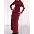thumbnail image 4 of Women'S Solid Color Long Sleeve Crew Neck Ruched Waist Flowy A Line High Low Midi Irregular Split Dress Wine Red S, 4 of 6