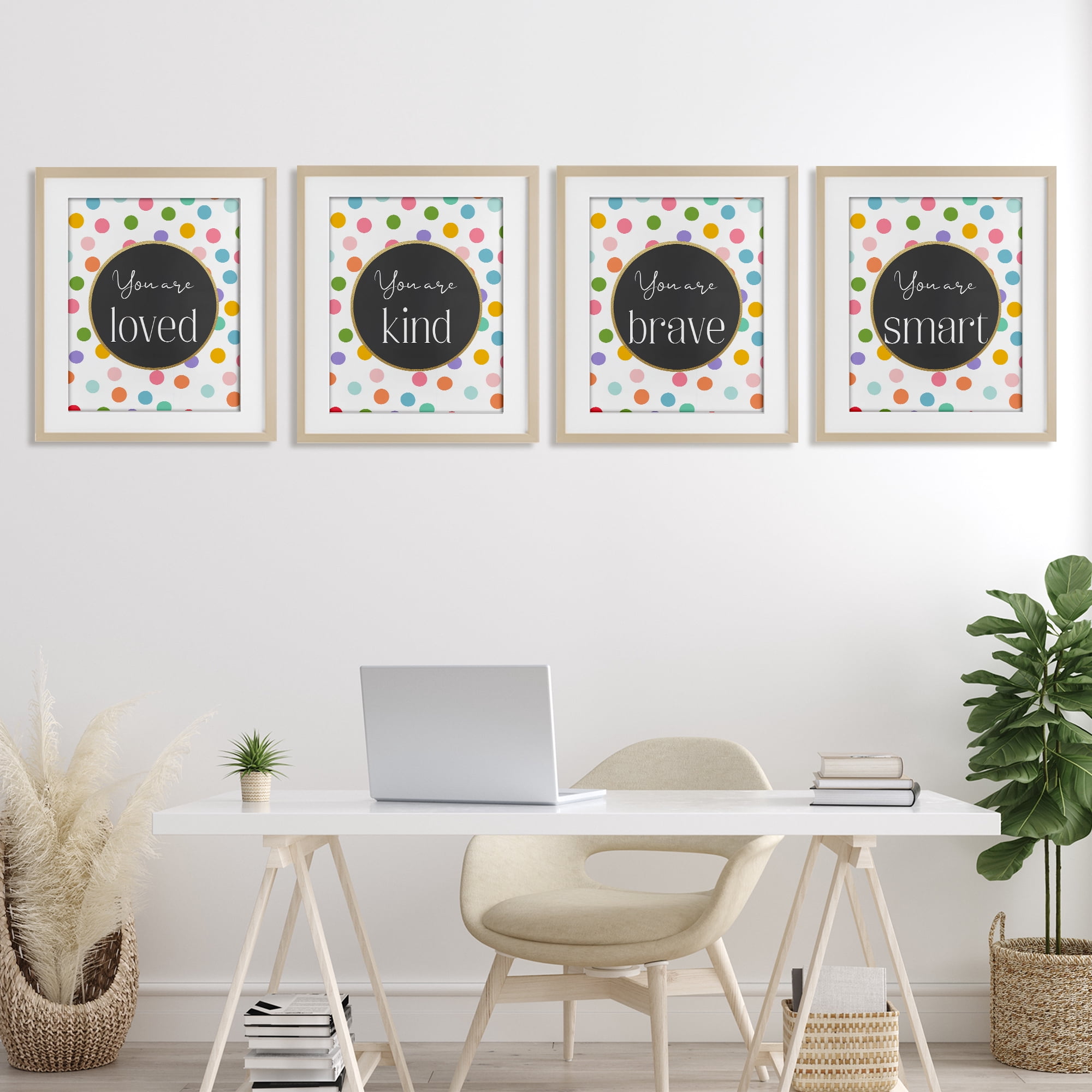 Stupell Industries Polka Dot Affirmations 4 Piece Birch Framed Print Under Glass Set, design by Christine Simpson Art