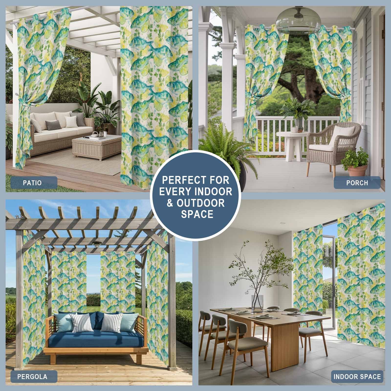 Summer Oceans Fish Outdoor Curtains for Patio, Country Sea Watercolor Yellow Lemon Leaf Linen Sunshade Privacy Drapes Grommet Waterproof Outside Curtains for Porch/Cabana/Balcony 54"x 108", 1 Panel