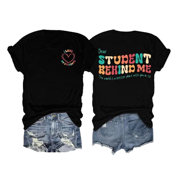 Trendfront Womens Teacher Letter Print T Shirts Crew Neck Tee Short Sleeve Student Heart Fashion Tops Dressy Casual