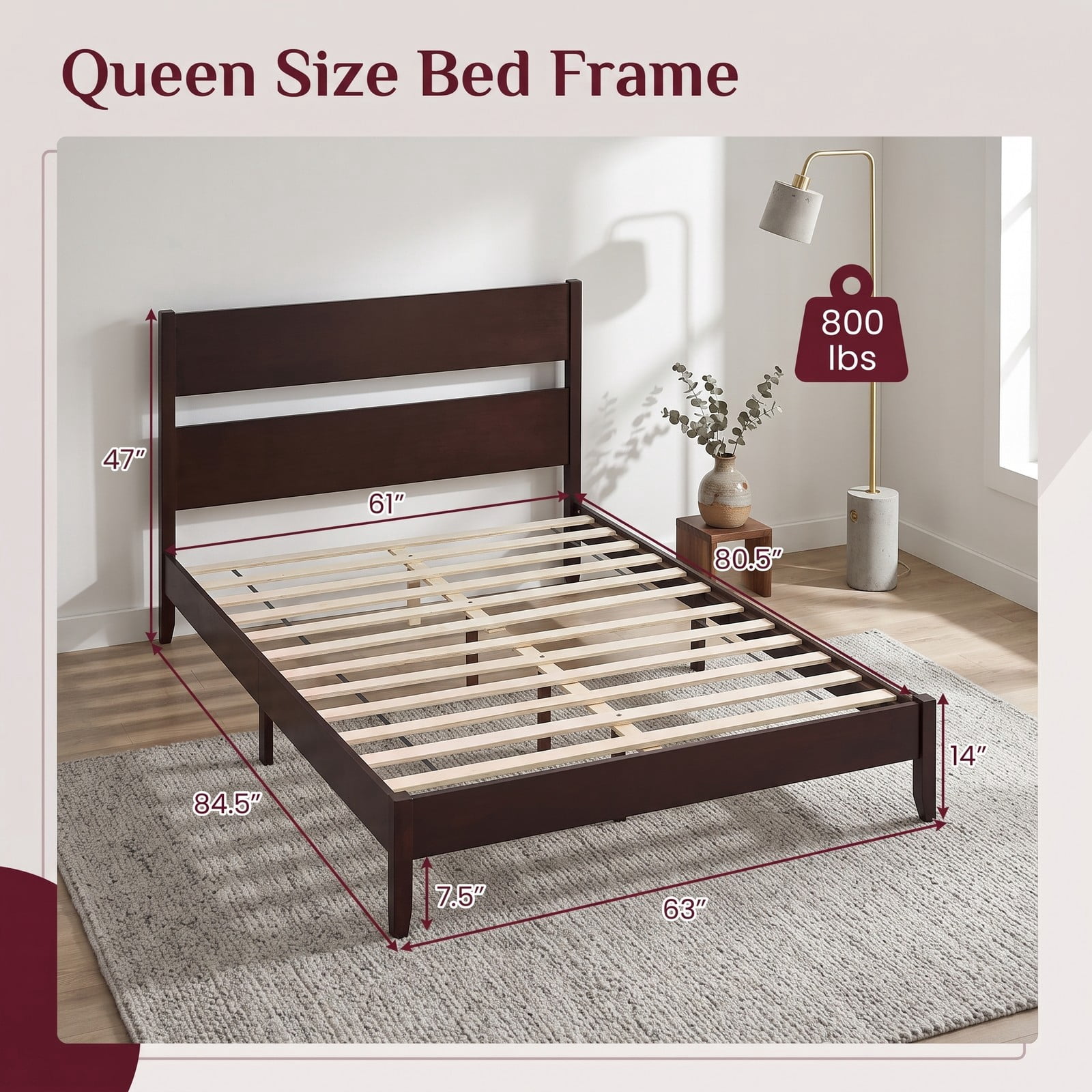 Furnibear Queen Bed Frame Wood Bed Frame with Open Slat Headboard, Queen Platform Bed Frame with Solid Wood Legs and 12 Slat Support, Dark Walnut