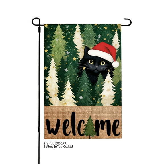 JOOCAR Black Cat in Santa Hat Christmas Tree Garden Flag Welcome Sign for Winter Christmas Home Outdoor Garden Yard Door Decor 12x18 inch