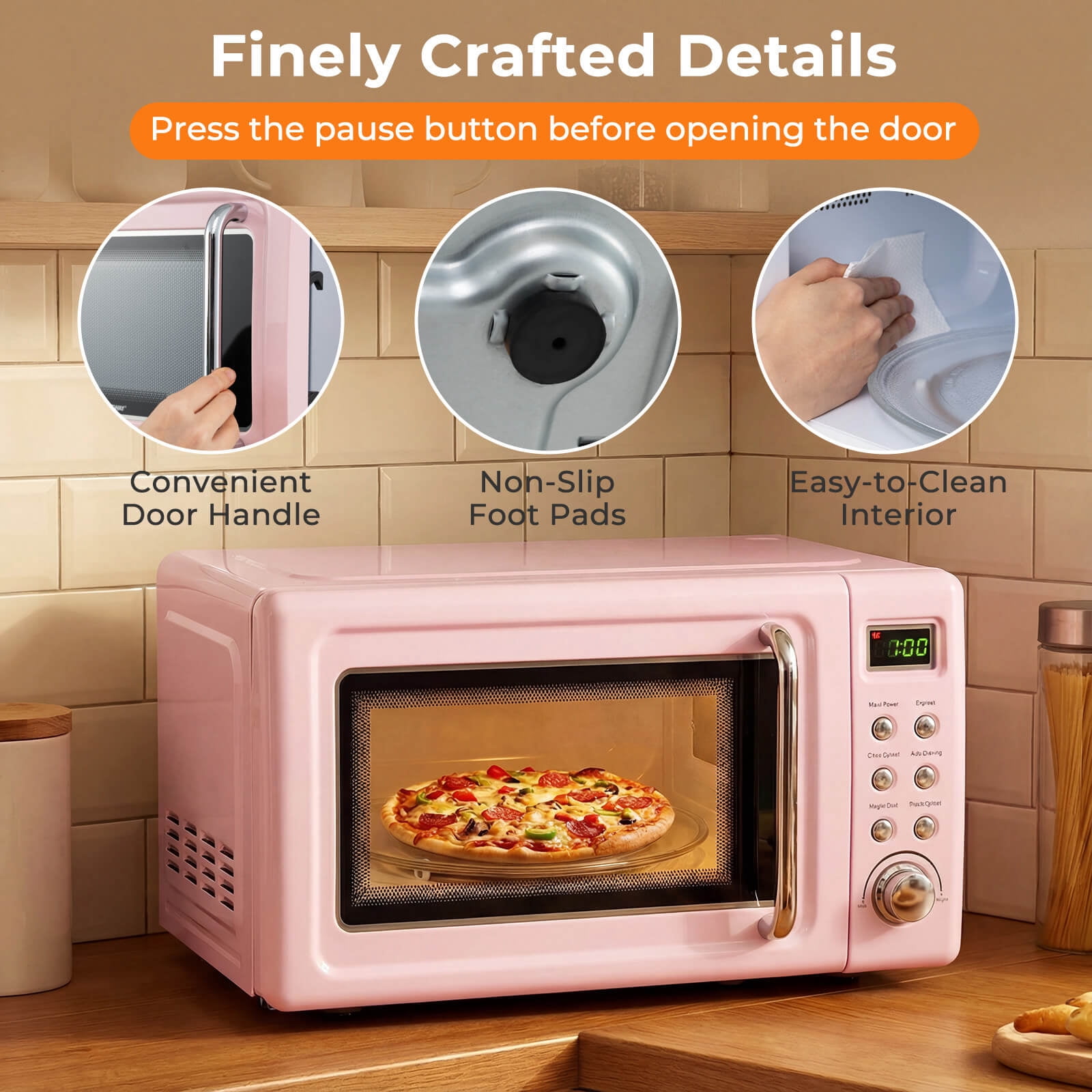 Costway 0.7 Cu.ft Retro Countertop Microwave Oven 700W LED Display Glass Turntable Pink