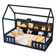 thumbnail image 4 of Twin Size House Bed with LED Light, Wood House Bed with Storage Bookshelf, Floor House Bed with Guardrails , Farmhouse Bed  for Kids and Teens , No Box Spring Needed, Navy Blue, 4 of 7