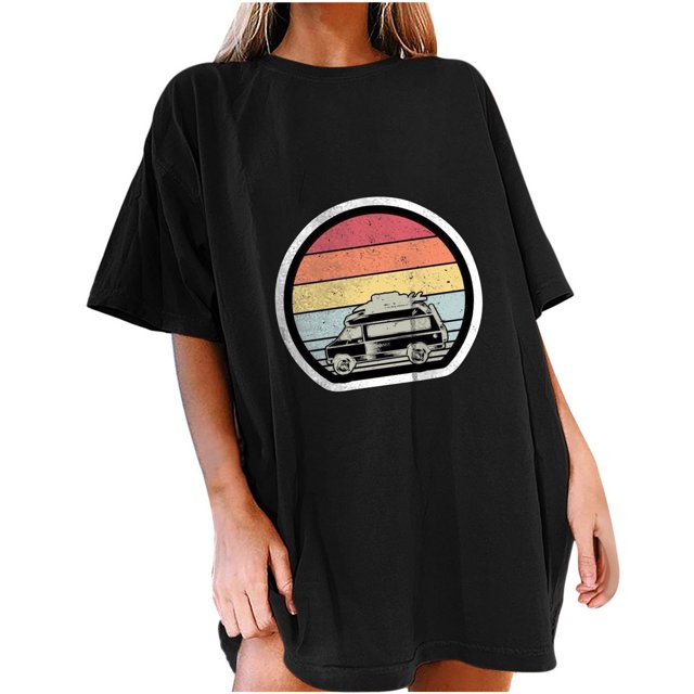 RKSTN Graphic Tees for Women Short Sleeve Summer Beach Shirts Printed Casual Loose Plus Size Solid Color Pullover Blouse Tops