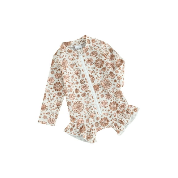 JYYYBF Toddler Girls Rash Guard Swimsuit Rompers Long Sleeve Floral Print Ruffles Zipper Baby Bathing Suit Swimwear