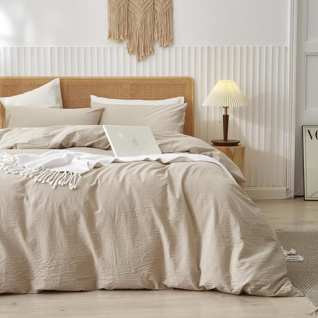 Washed Cotton Duvet Cover Set Linen Feel Natural Wrinkle Lightweight Comfy (King Linen)