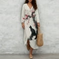 thumbnail image 4 of COEQINE Spring Summer Dress 3/4 Sleeve Wrap V-Neck Women's Boho Midi Tunic Shift Dress, Linen Look Loose Fit, Vacation & Everyday Wear, Size 2XL, Ink Black Cat Plum Blossom, 4 of 6