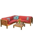 thumbnail image 5 of Frankie Outdoor 5 Seater V Shaped Mid-Century Modern Acacia Wood Sectional Sofa Set with Coffee Table, Teak and Red, 5 of 9
