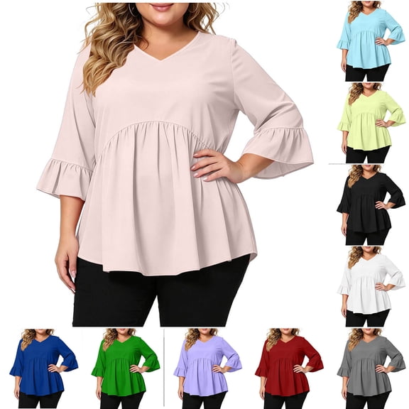 Lutiedan Plus Size Babydoll Tops for Women Ruffle 3/4 Sleeve V Neck Peplum Shirts Dressy Casual Pleated Tunic Blouse XL-5XL