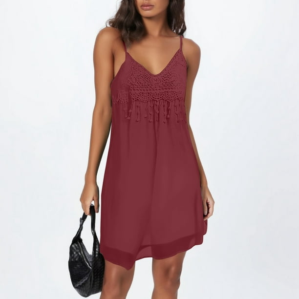 WILLBEST Vestido De Verano Para Mujer Vestido Midi Sin Tirantes Con Encaje Belleza De Color Sólido Para Mujer