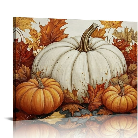 ONETECH  Autumn Canvas Wall Art Pumpkin Fall Leaf Pictures Thanksgiving Wall Prints Rustic Halloween Themed Wall Decor Framed  20x16in