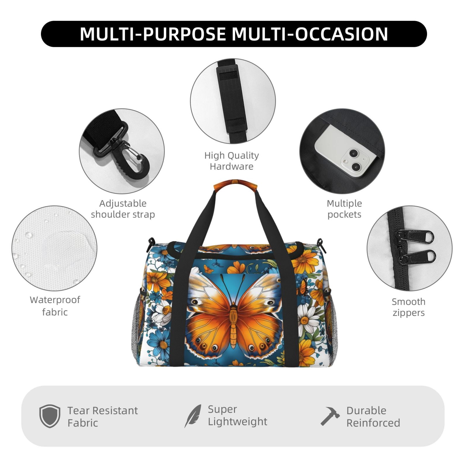 Fuzoiu Spring Butterfly Flowers Print Travel Duffle Bag,Carry On Tote Bags,Duffel Bag,Sport Gym Bag, Hospital Bag for Labor and Delivery, Overnight Bag,Luggage Bag