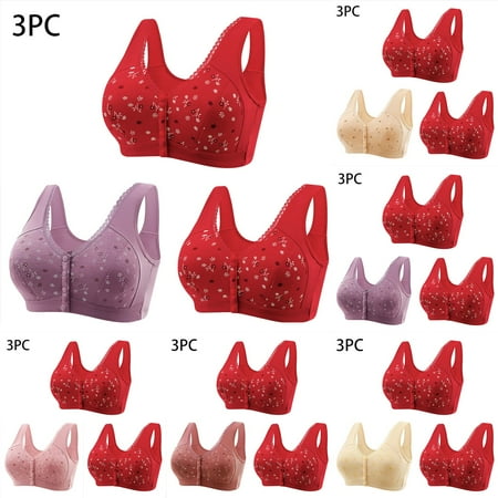 Jacenvly New Bralettes for Women 3Pc Front Buckle for Middle-Aged and Elderly Underwear Soft Cotton Oversized Tank Top Without Steel Ring Printed Bra Easy Care Women Bras Plus Size Front Close
