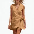 thumbnail image 2 of SOOMLON Linen Outfits for Ladies Plus Size V Neck Front Tie Sleeveless Shirts Asymmetrical Blouse Short Two Piece Sets, 2 of 8