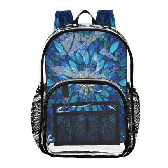 Clear PVC Backpack 12L Transparent Shoulder Bag with Mesh Pockets Blue Glass Leaves Pattern