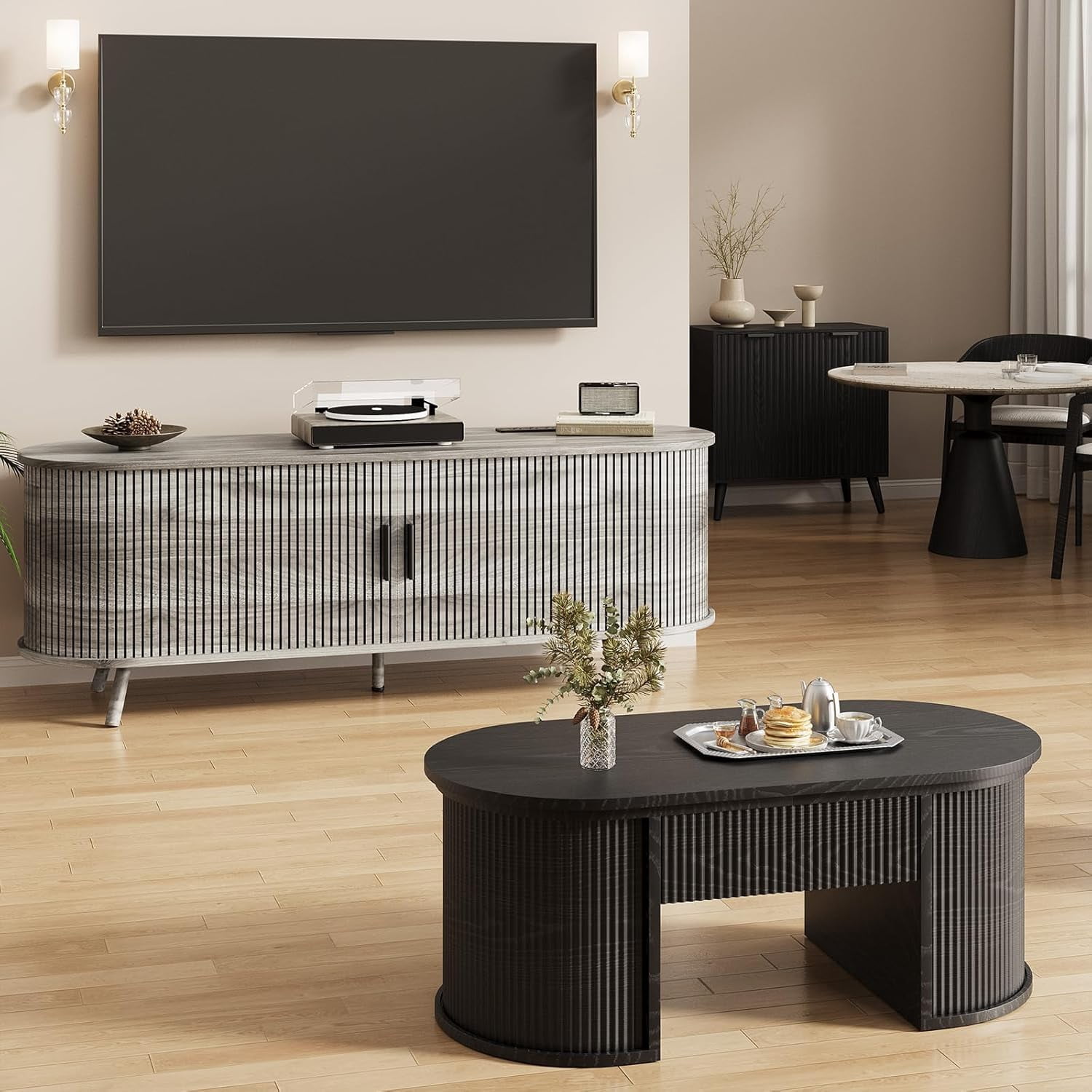 55" TV Stand with Power Outlet, Modern Media Console with Sliding Doors, Entertainment Center for TVs up to 60 Inch, Adjustable Shelves, Grey