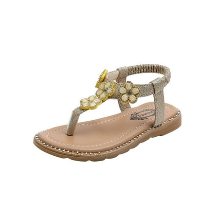 

Eloshman Girls Flat Sandals Princess Flats Slip On Summer Sandal Party Breathable Beach Casual Shoes Lightweight Walking Shoe Gold 2Y