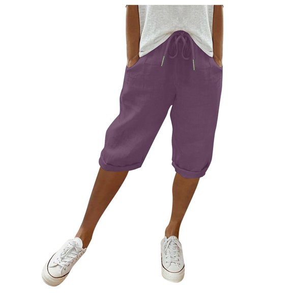 AKEGAMN Linen Shorts Trendy Knee Length Drawstring Elastic Waist Shorts, Purple S-3XL