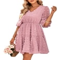 thumbnail image 4 of Femmes Midi Robe Manches Courtes V Cou Jacquard Solide Robe d'Été, 4 of 9