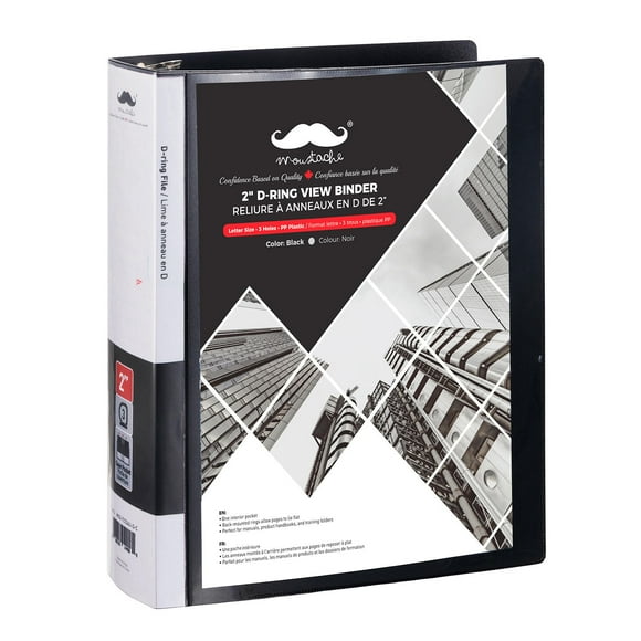 2" D-Ring View Binder, Letter Size, 3 Holes, Black, PP Plastic for Manuals,Product Handbooks and Training Folders - Moustache®