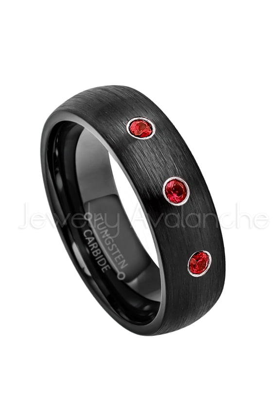 6mm Brushed Dome Black Tungsten Ring - 0.21ctw Garnet 3-stone Band - Personalized Tungsten Wedding Ring - Custom Made January Birthstone Ring TN233BS