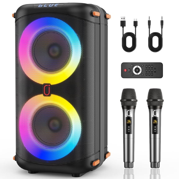 JYX Bluetooth Speaker, Home Singing Portable Party Speaker with 2 Microphones, Dual 6.5'' Subwoofer Deep Bass, Rgb Lights, T27-T