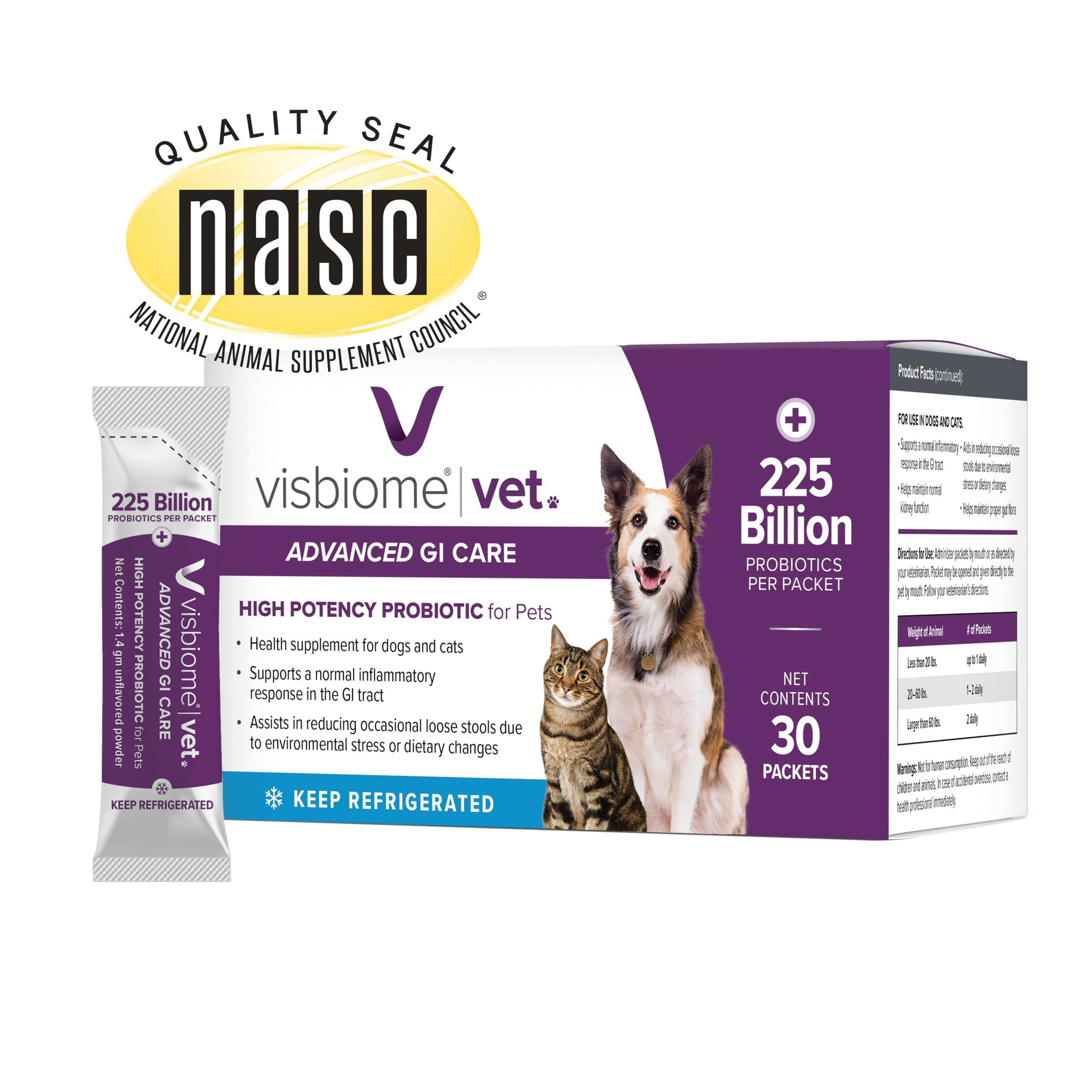 Visbiome® Vet Advanced GI Care High Potency Probiotic for Dogs & Cats – 225B CFU, 8-Strain Formula – Refrigerated, Veterinarian Recommended, Clean Label Certified – 90 Packets