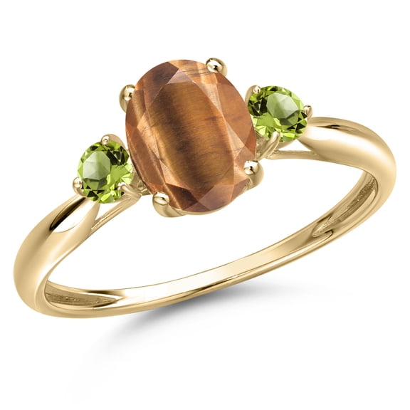 Gem Stone King 10K Yellow Gold Brown Tiger Eye and Green Peridot 3-Stone Ring for Women | 1.49 Cttw | Oval 8X6MM | Gemstone Birthstone | Size 8