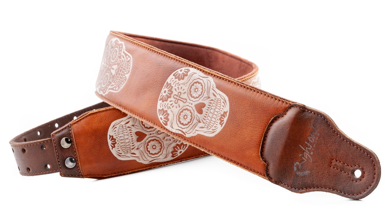 RightOn! Leathercraft Sugar Skulls Guitar Strap – Woody Brown