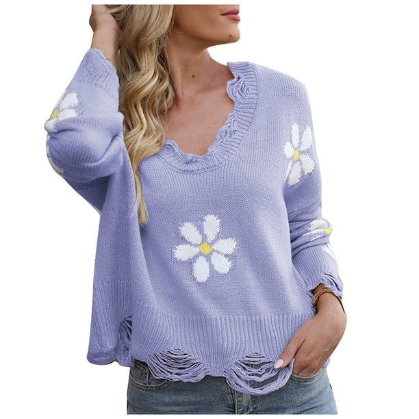 Suéter de punto informal de manga larga de otoño e invierno para mujer con cuello en V estampado Pompotops hdfakjf11594