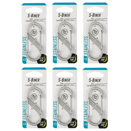 Nite Ize S-Biner Stainless Steel Dual Carabiner - Multi Purpose Dual Carabiner Clip - Great for Camping Supplies & Hiking Essentials - Secure Key Holder - Size 3, Stainless (6 Pack)