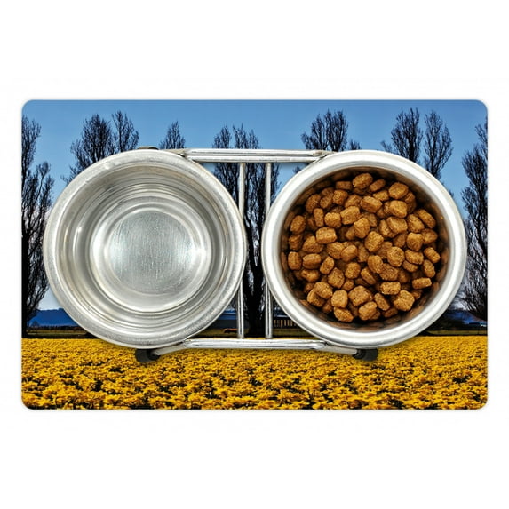 Landscape Pet Mat for Food and Water, Daffodil Field Farming Washington Valley Northwest Art of Photography Print, Non-Slip Rubber Mat for Dogs and Cats, 18" X 12", by Ambesonne