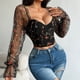 thumbnail image 4 of Top de moda para mujer con bordado de malla de retazos, top de manga larga de corte bajo, top de poliéster para mujer, 4 of 6
