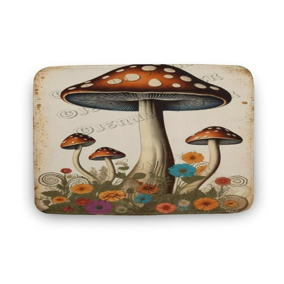 Boho Style Mushroom Print Bath Rug, Coral Velvet, 16"x24",Machine Washable Bath Mats for Bathroom Floor, Tub and Shower, Home Decor Accessories