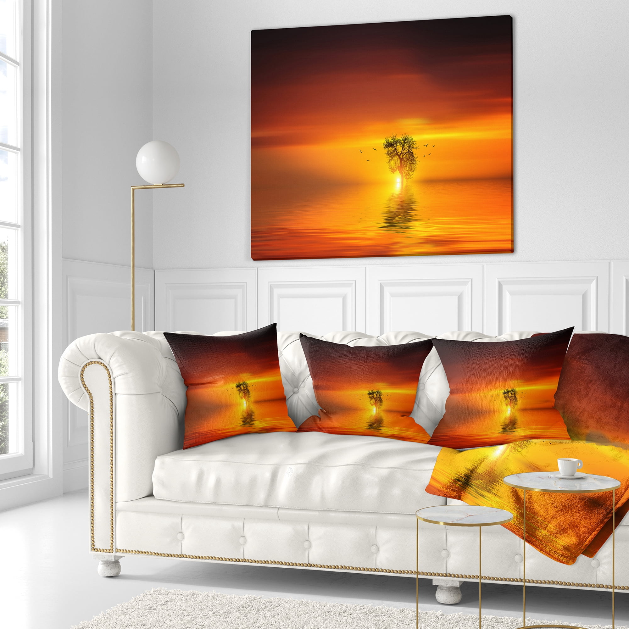 Designart Wonderful Tree with Birds at Sunset - Landscape Printed Throw Pillow - 16x16