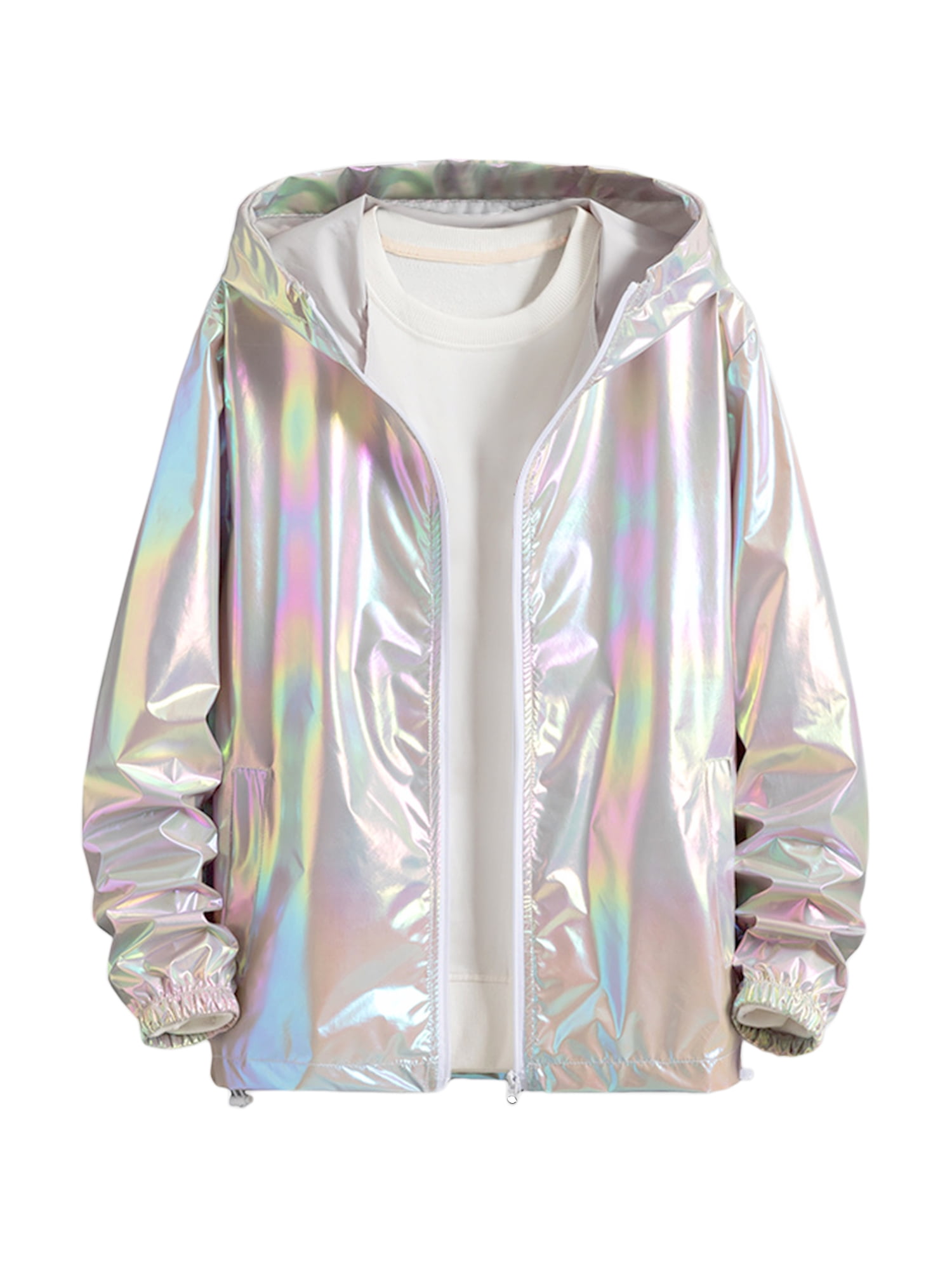 INSPIRE CHIC Men's Jacket Metallic Zip up Hooded Lightweight Holographic Shiny Jackets M Gray