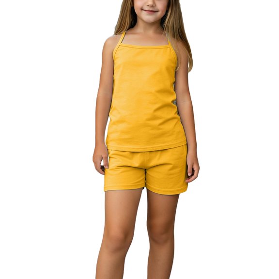 Toddler Girls Cotton Sets Sleeveless Strap Crop Tank Top and Dance Shorts Homewear Outfits for Ballet Gymnastics Yoga Yellow 7-10Years